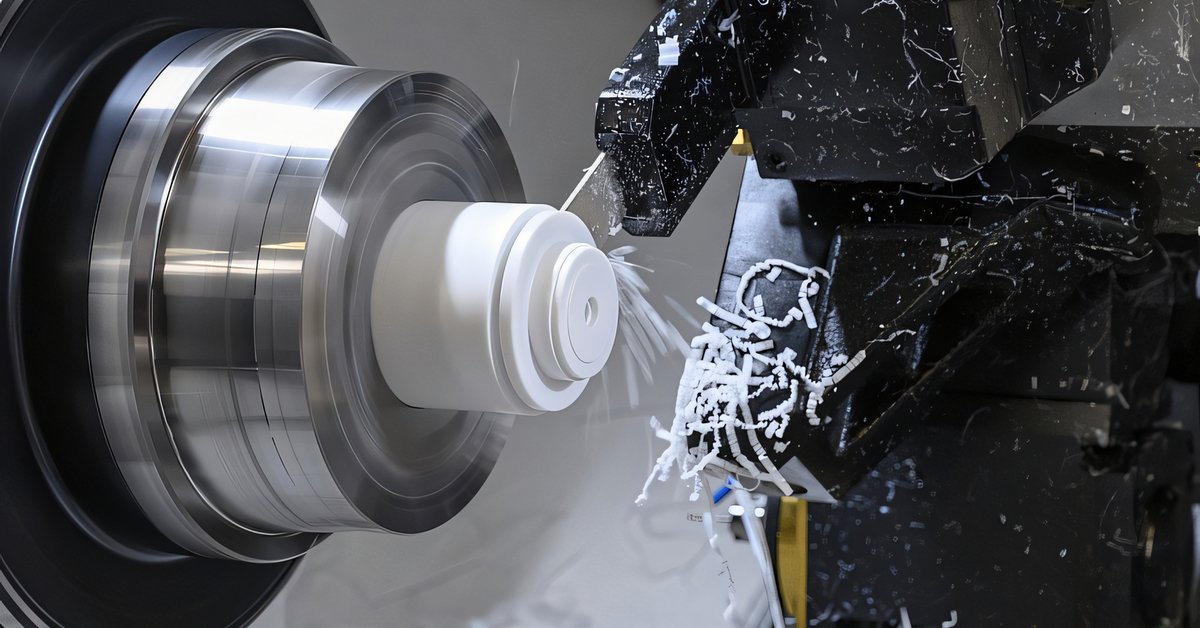 ABS plastic component being turned on a CNC lathe