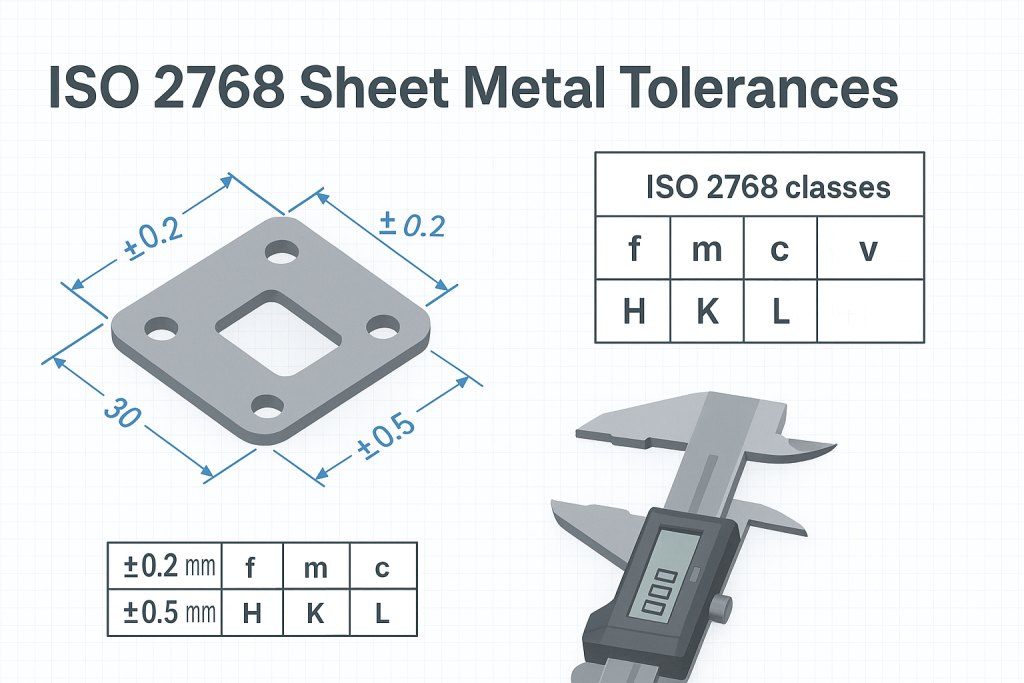 CNC Machining Tolerances Explained: ISO 2768-mK, H7/g6 Fits and Practical Tables 14 ISO 2768 sheet metal tolerances illustration with caliper and tolerance classes