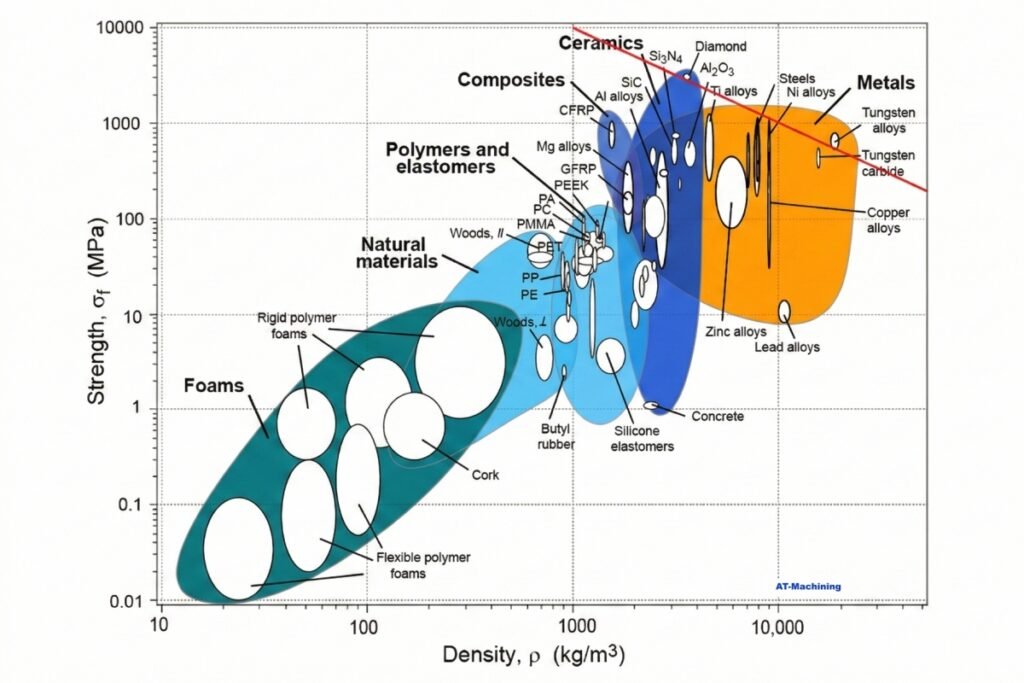 Stiffness of Metal Material Chart: Youngs Modulus and CNC Material Selection 8 Material strength and density chart comparing metals polymers ceramics and composites