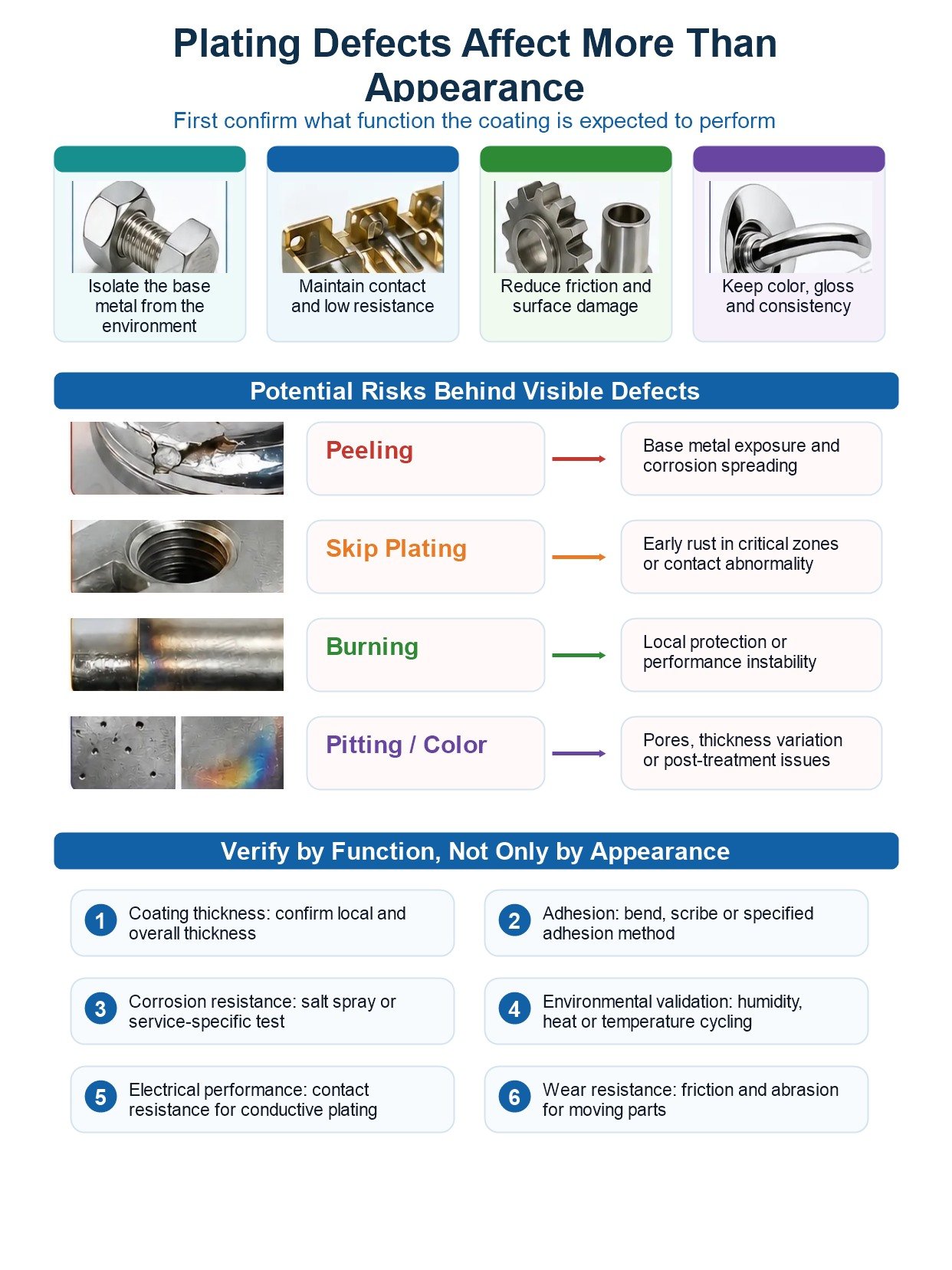 5 Electroplating Defects Analysis: Causes, Diagnosis and Prevention for Metal Parts 11 English infographic showing plating defects affect appearance and reliability