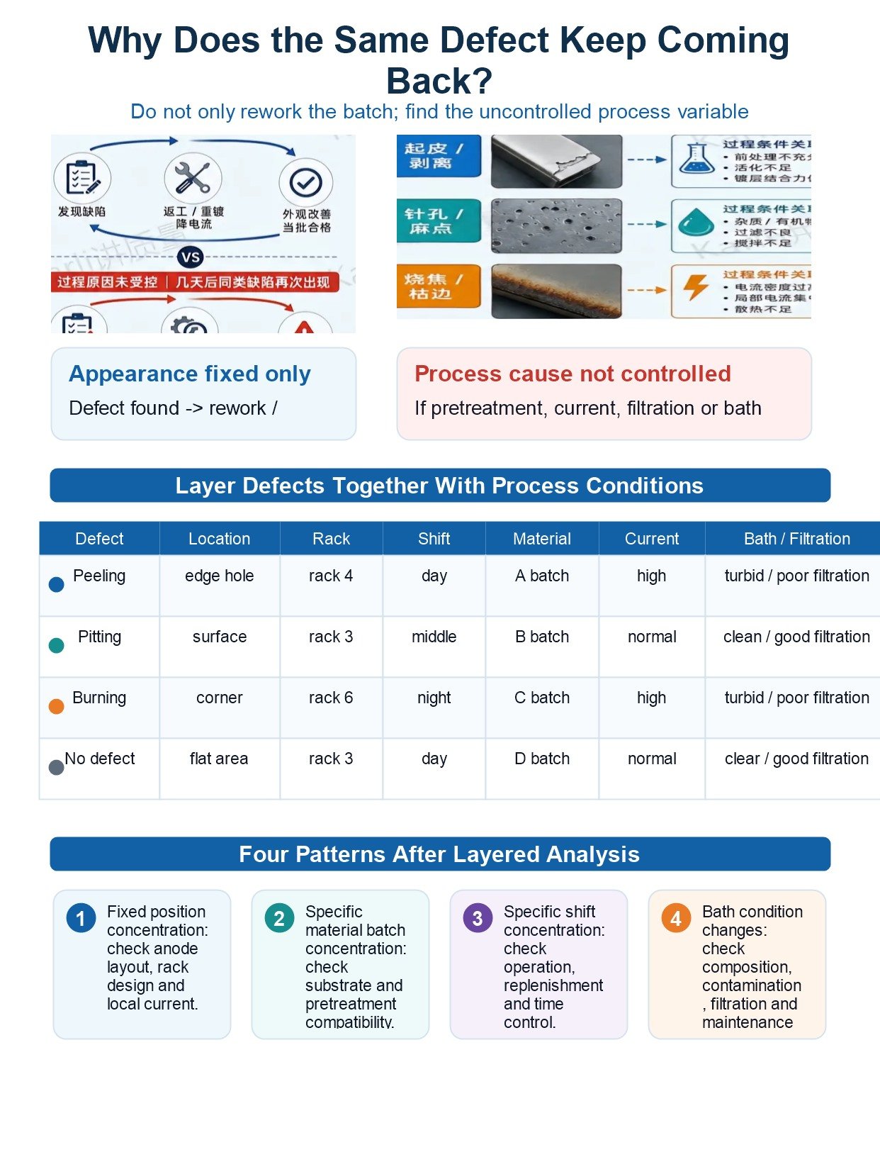 5 Electroplating Defects Analysis: Causes, Diagnosis and Prevention for Metal Parts 12 English infographic explaining why electroplating defects repeat and how to layer process conditions