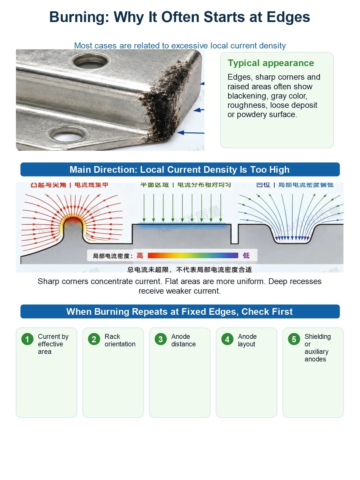 5 Electroplating Defects Analysis: Causes, Diagnosis and Prevention for Metal Parts 14 English infographic about burning and local current density in electroplating