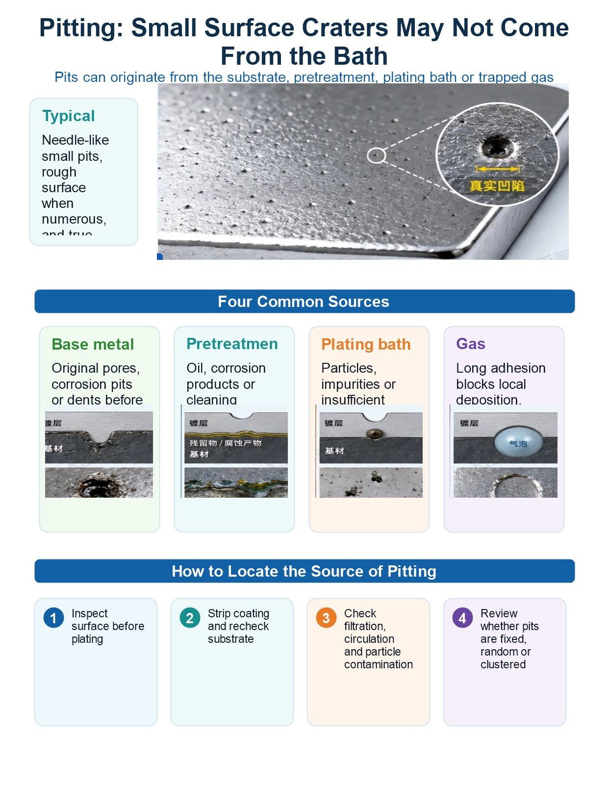 5 Electroplating Defects Analysis: Causes, Diagnosis and Prevention for Metal Parts 16 English infographic about pitting and pinhole root causes in electroplating