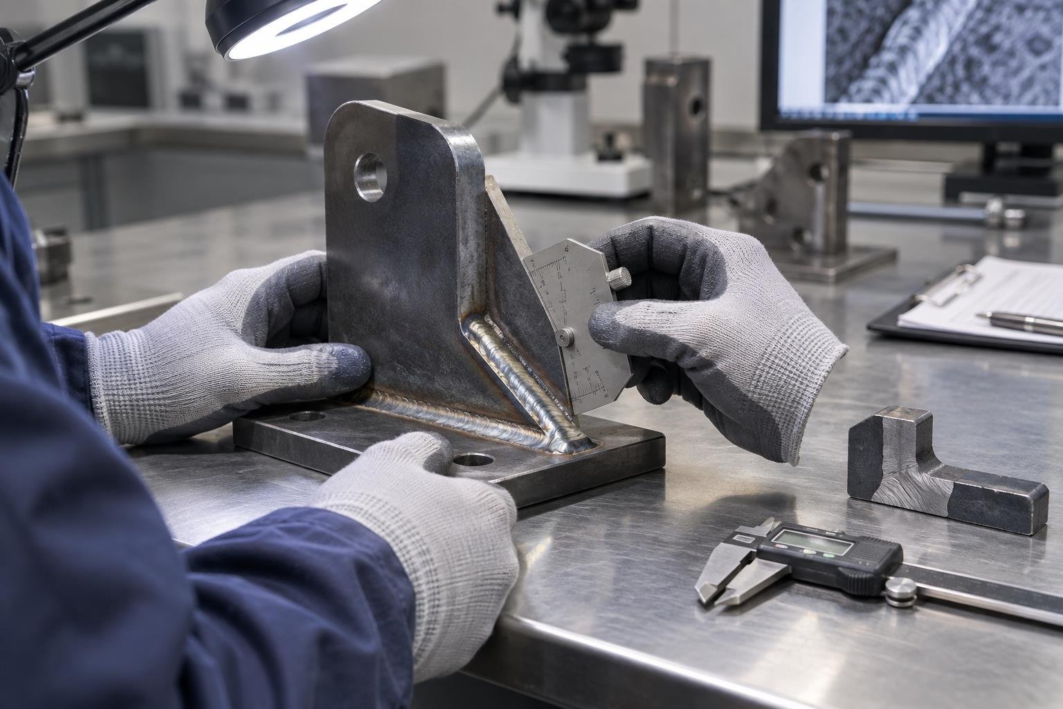 Laser Welding vs MIG Welding: 6 Key Differences and How to Choose 8 Inspector checking MIG weld bead size and quality on a steel bracket