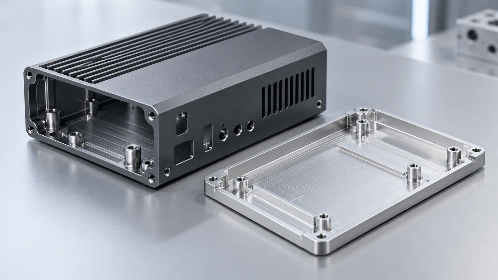 Unfinished CNC aluminum enclosure interior with machined pockets and holes