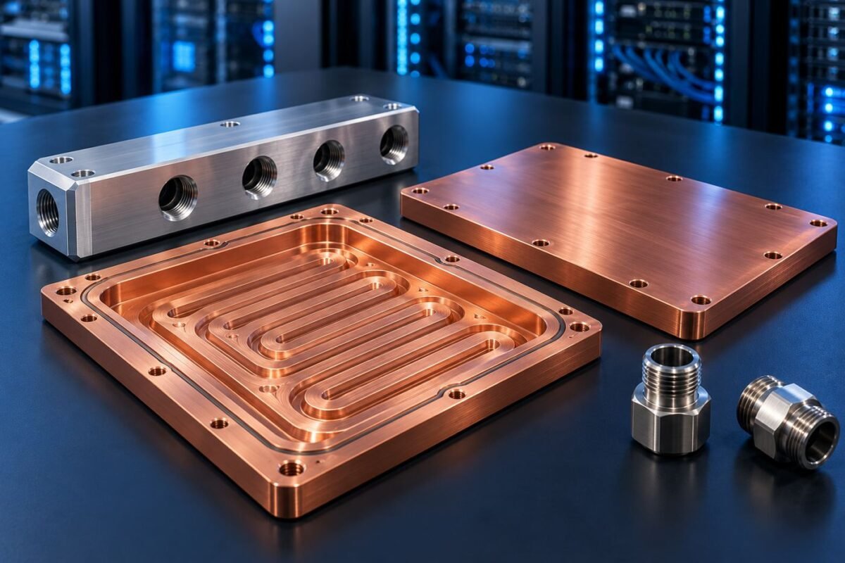 CNC Machining for AI Server Liquid Cooling: A Component Design & Sourcing Guide 4 Concept copper cold plate, coolant manifold and threaded adapters for AI server liquid cooling