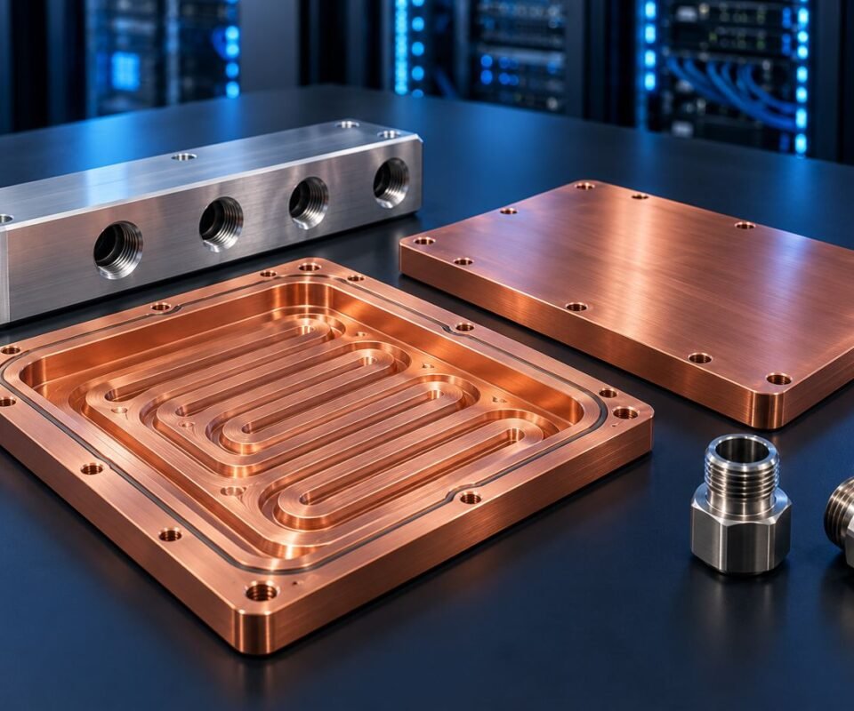 Concept copper cold plate, coolant manifold and threaded adapters for AI server liquid cooling