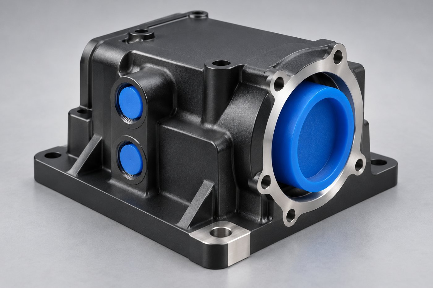 Concept aluminum housing with blue masking plugs and exposed metallic contact surfaces