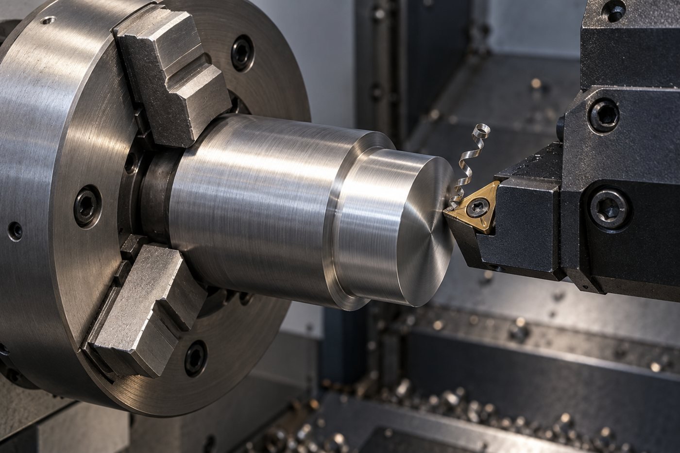Illustrative CNC lathe chuck holding a stepped workpiece beside a turning tool