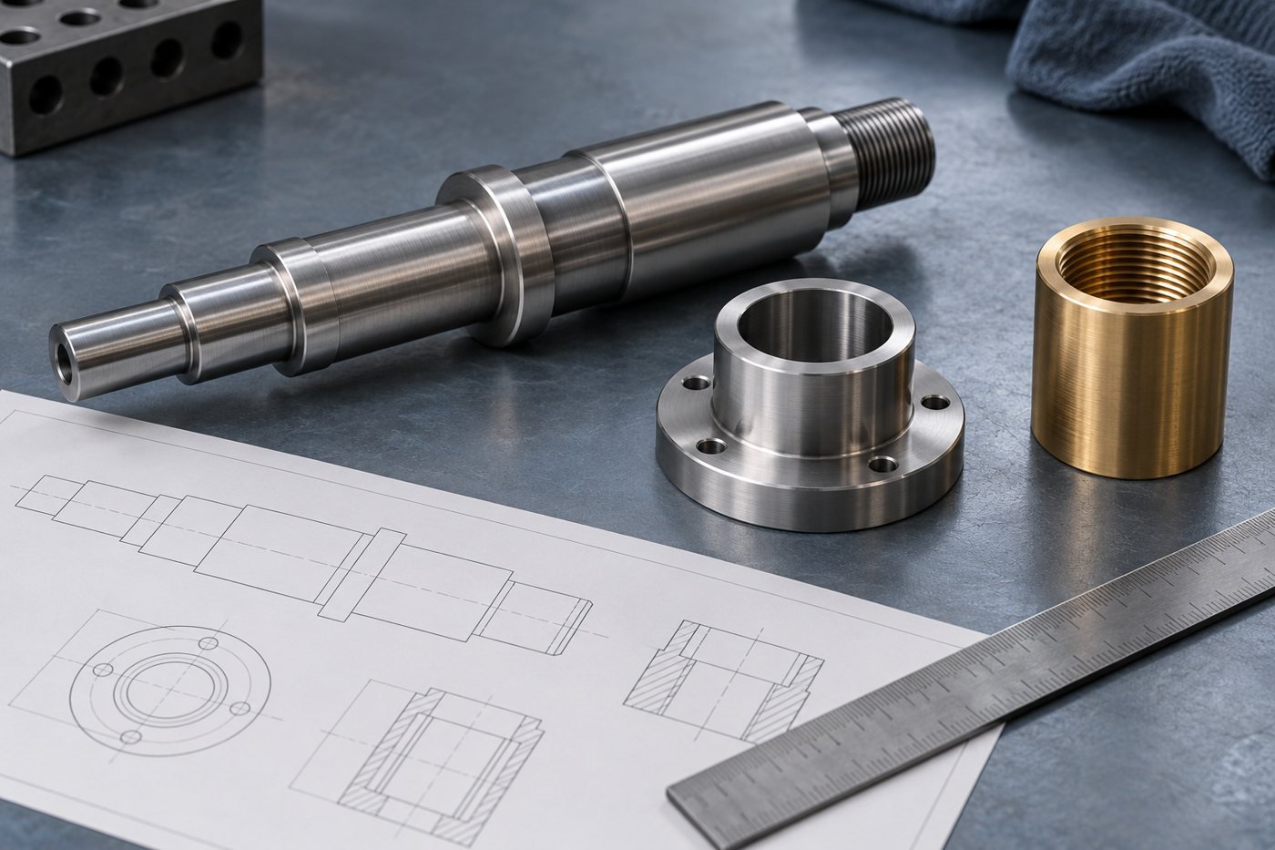 Illustrative shaft, flanged sleeve and threaded bushing beside a drawing