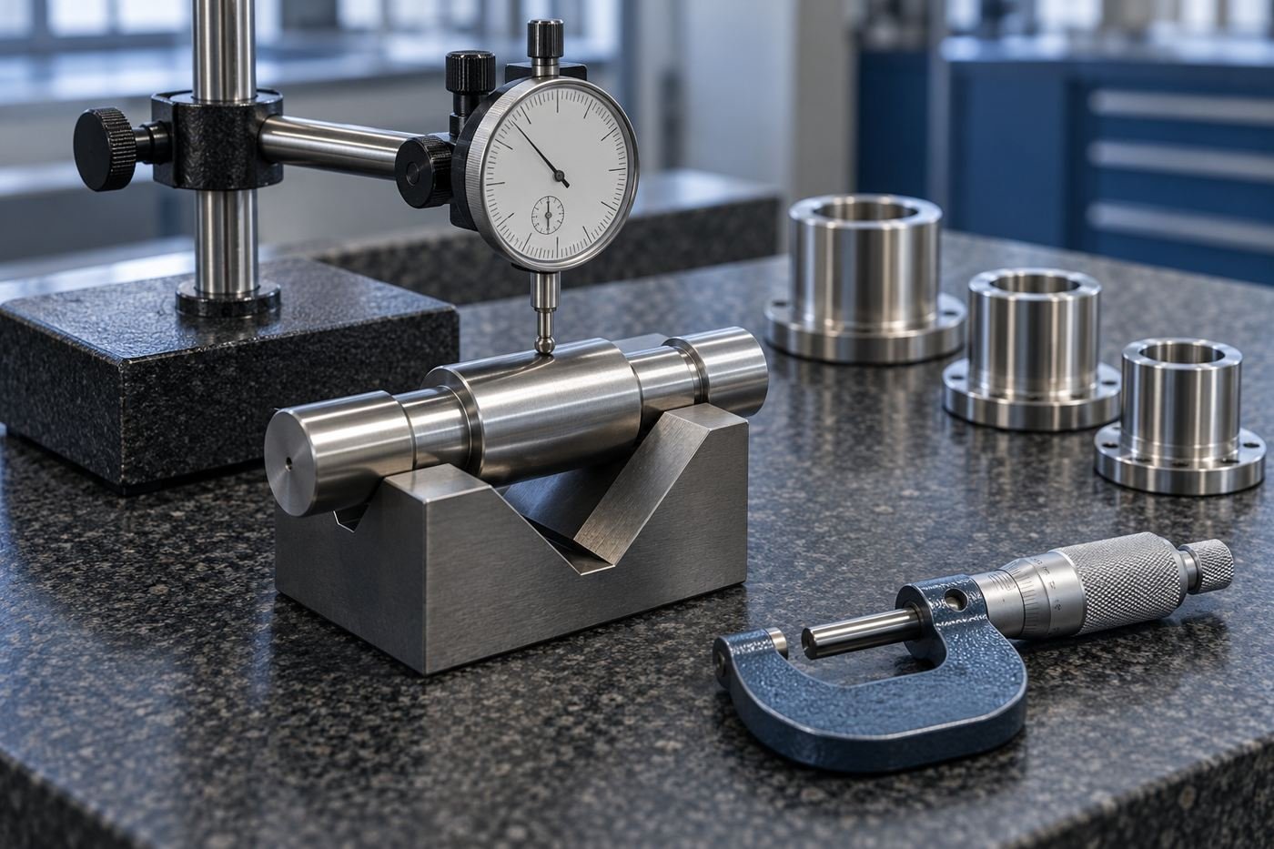 Illustrative dial indicator contacting a shaft on a V-block beside a micrometer