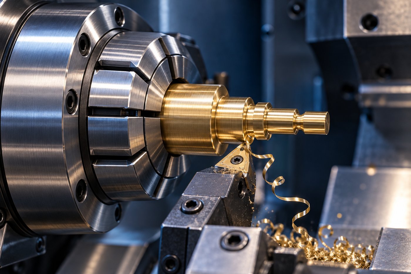 Concept illustration of a brass connector pin machined in a CNC lathe