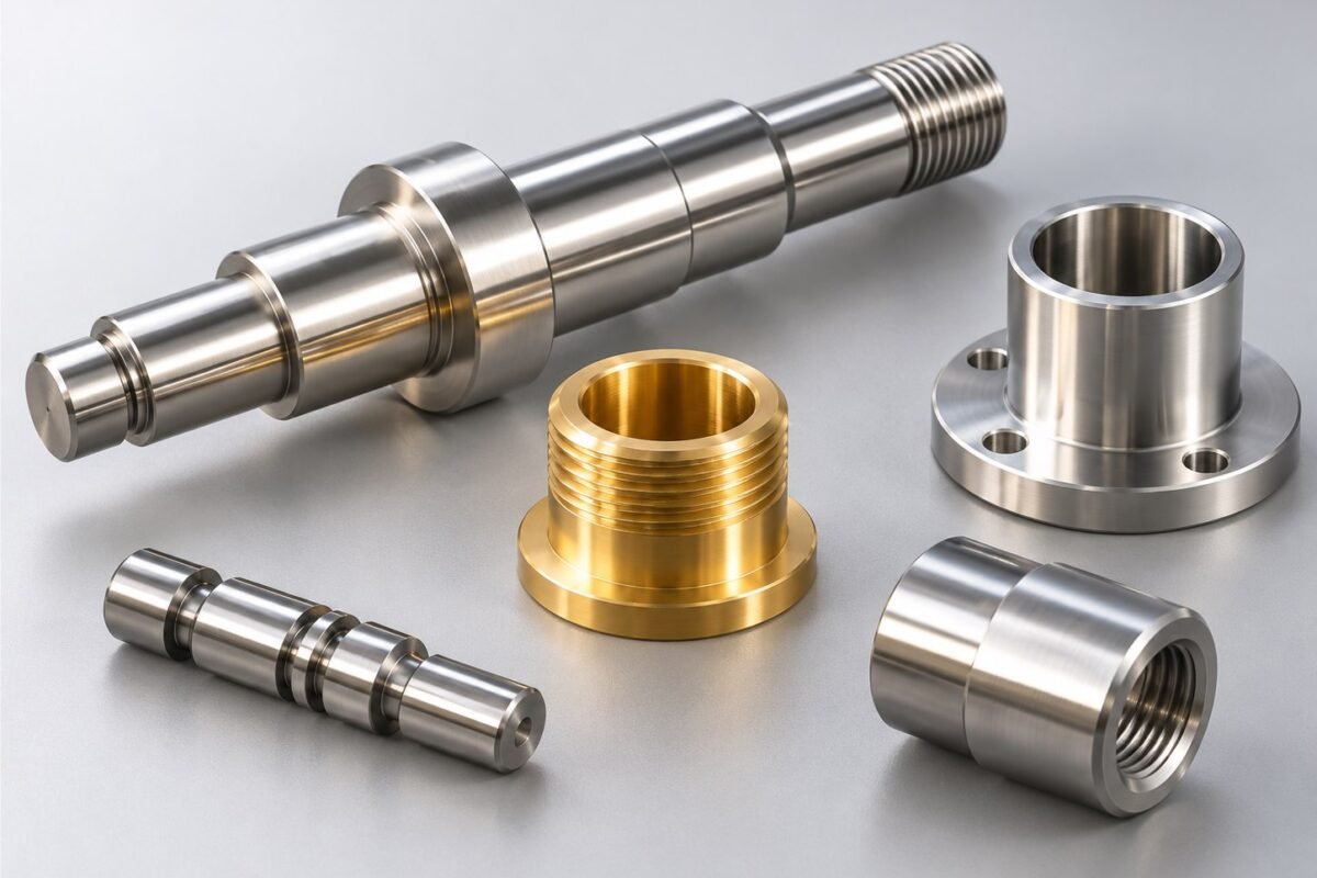 Illustrative CNC turned shaft, brass bushing and steel sleeves on a light gray background