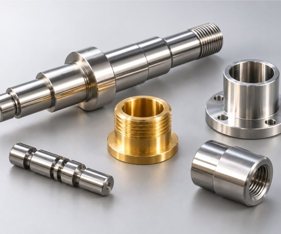 What Is CNC Turning? Process, Materials, Parameters & Design Guide 12 Illustrative CNC turned shaft, brass bushing and steel sleeves on a light gray background
