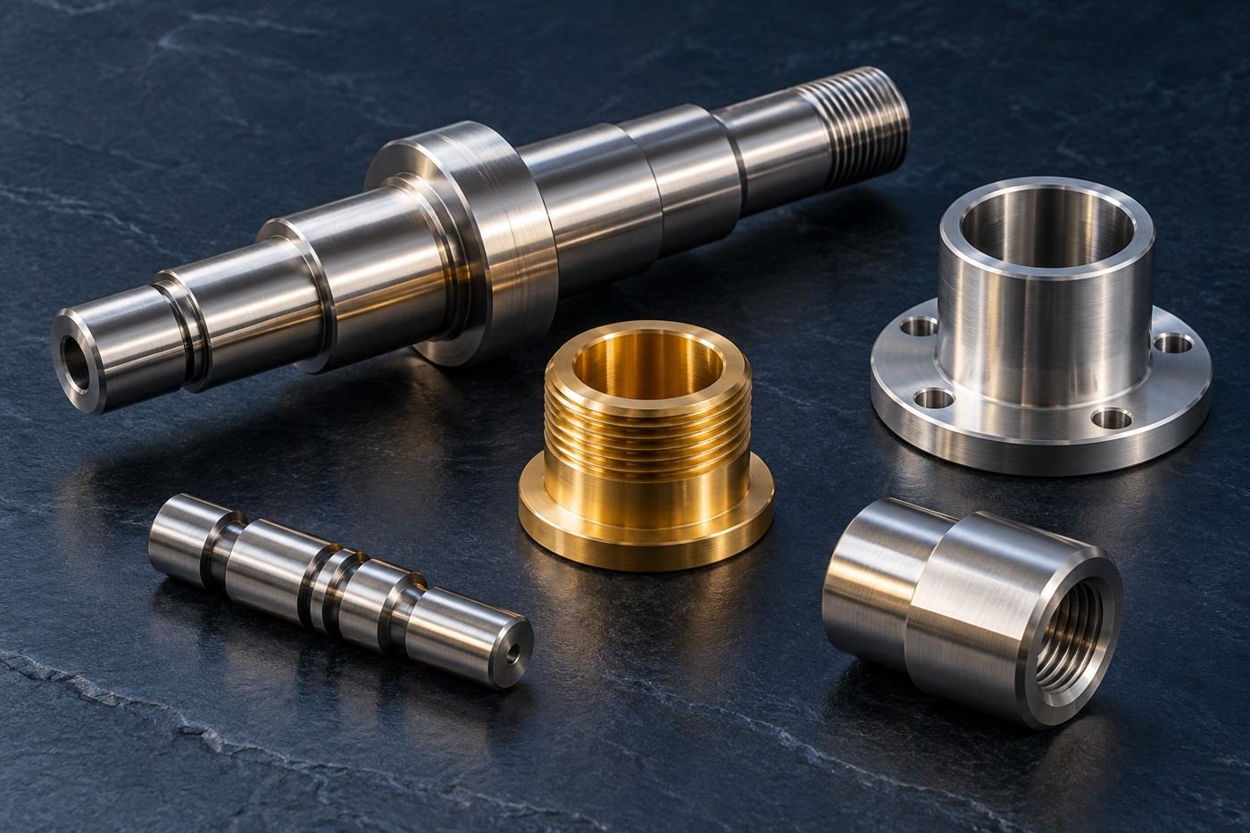 Illustrative stepped shaft, brass bushing, flanged sleeve and grooved pin