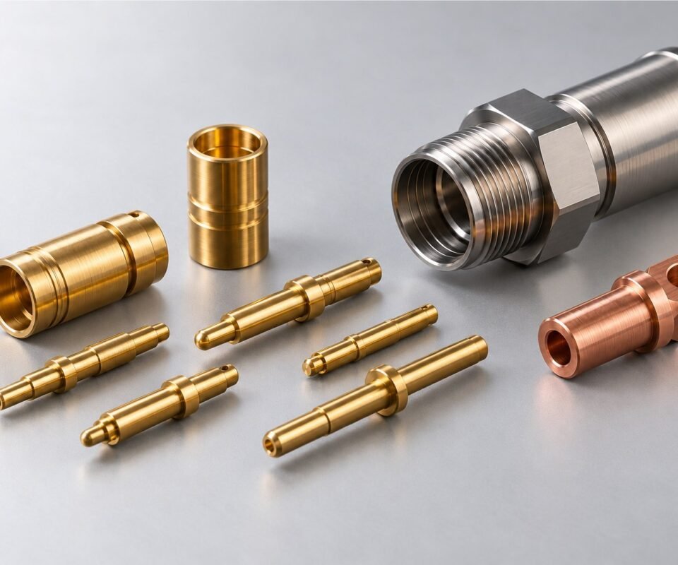 Precision Turned Components for the Connector Industry: Materials, Tolerances & Plating 16 Illustrative brass connector pins, copper terminal and stainless steel connector shell on a light gray background
