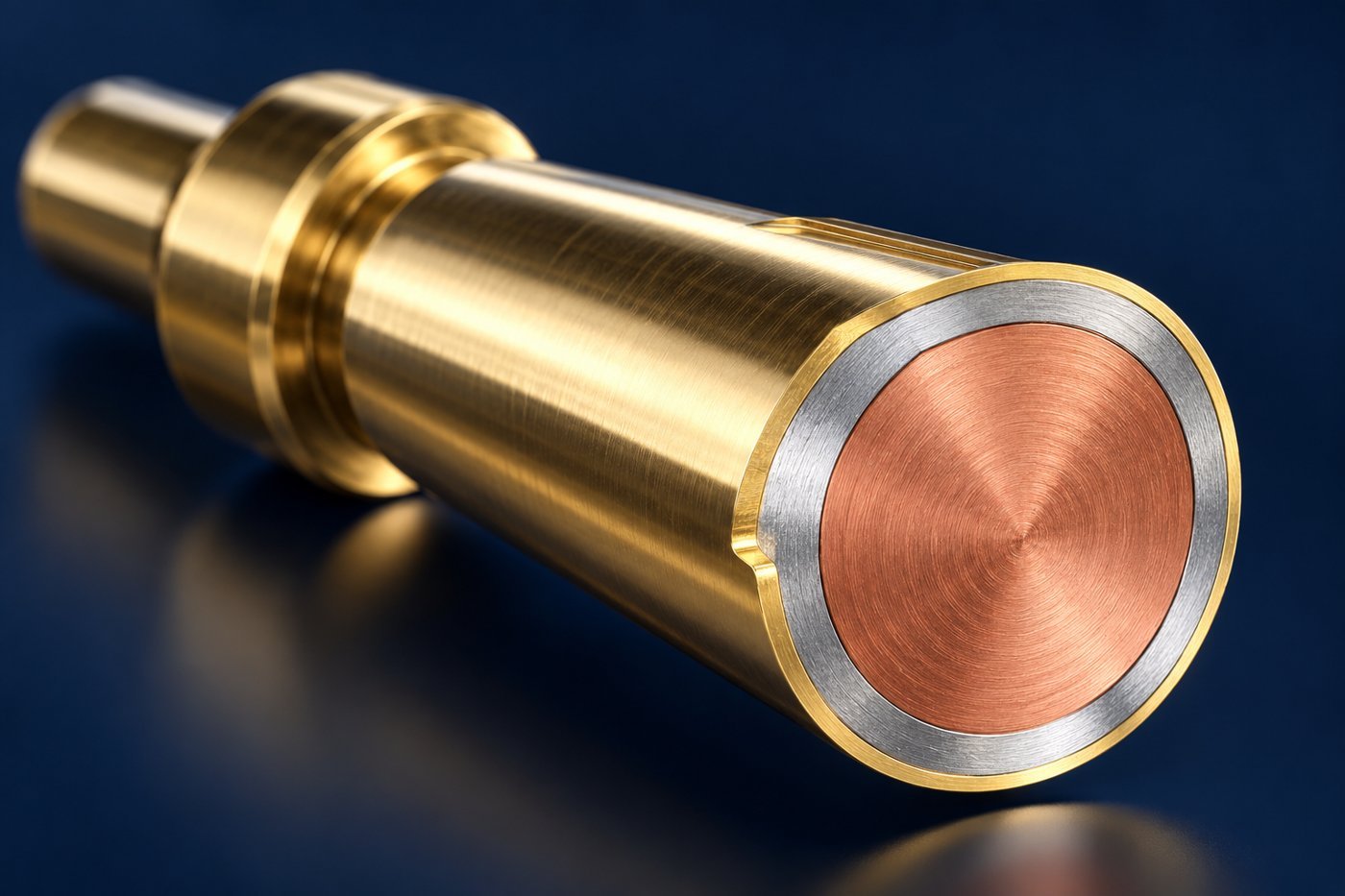 Concept cutaway of a copper-colored core, silver-colored intermediate layer and gold-colored outer coating