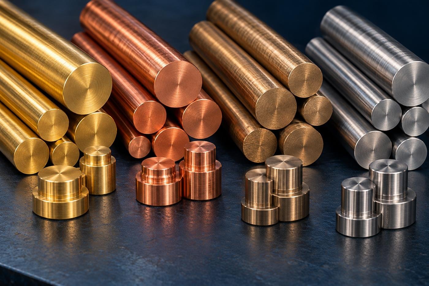 Illustration of brass, copper, bronze-colored and stainless steel round stock with turned blanks