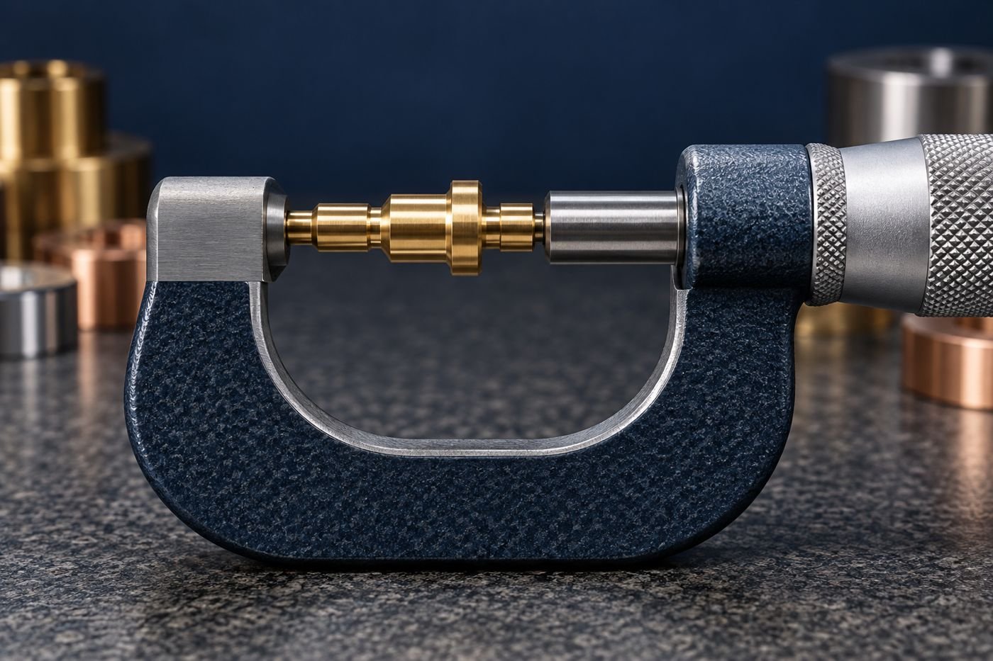 Concept illustration of a stepped brass pin between micrometer measuring faces