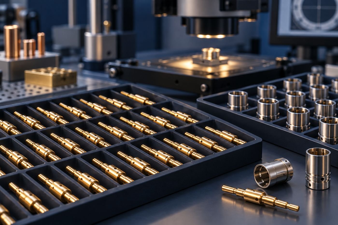Illustration of connector pins and socket bodies in separate protective trays near inspection equipment