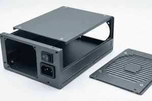 Dark gray anodized CNC aluminum chassis housing and cover plate
