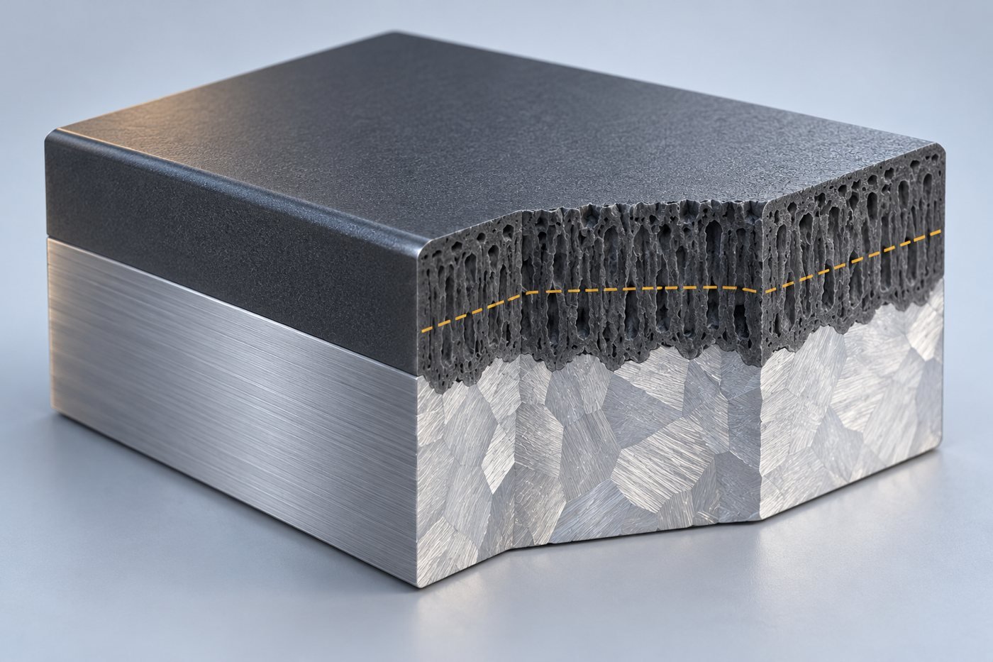Concept cross-section showing an anodic oxide layer extending above and below the original aluminum surface