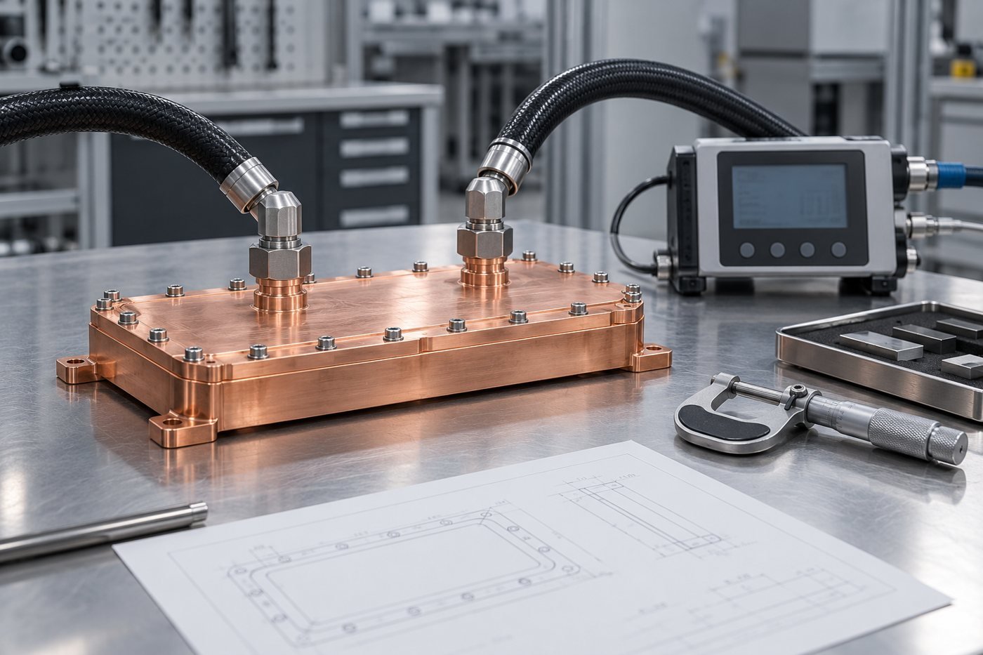 Concept cooling plate assembly connected to test equipment