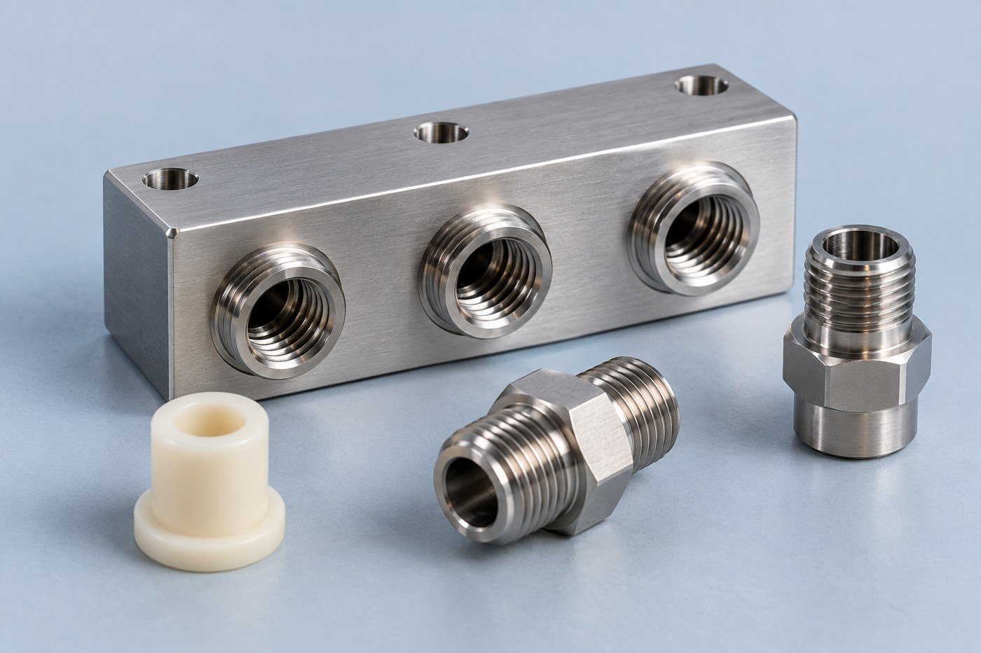Concept stainless manifold, threaded adapters and polymer bushing