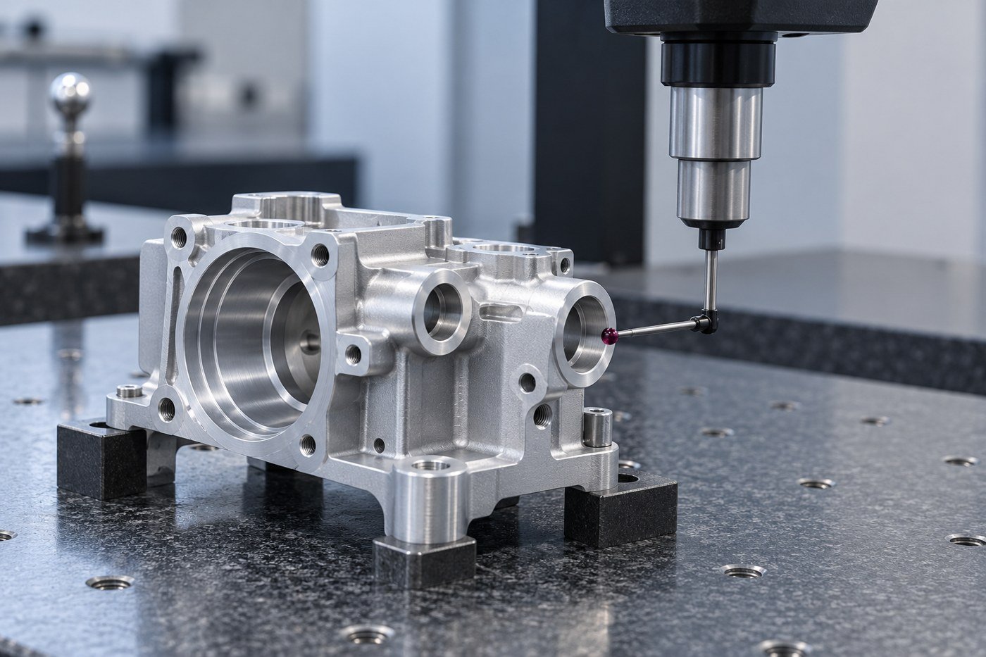 Concept CMM stylus inspecting a bore in a machined equipment housing