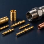 Illustration of precision turned brass contact pins, socket shells and a threaded connector housing