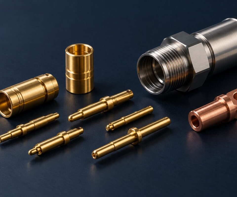Precision Turned Components for the Connector Industry: Materials, Tolerances & Plating 4 Illustration of precision turned brass contact pins, socket shells and a threaded connector housing