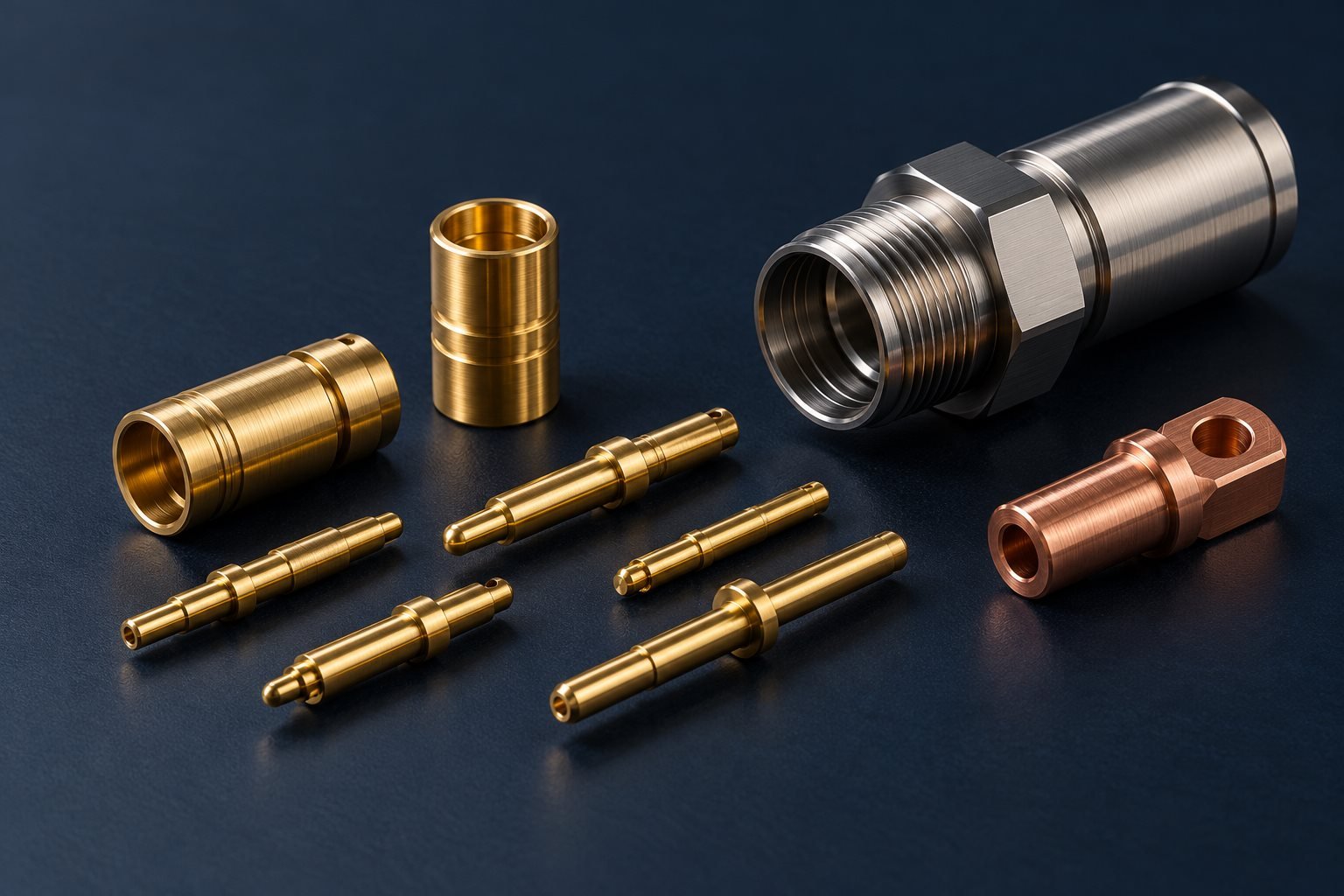 Illustration of precision turned brass contact pins, socket shells and a threaded connector housing
