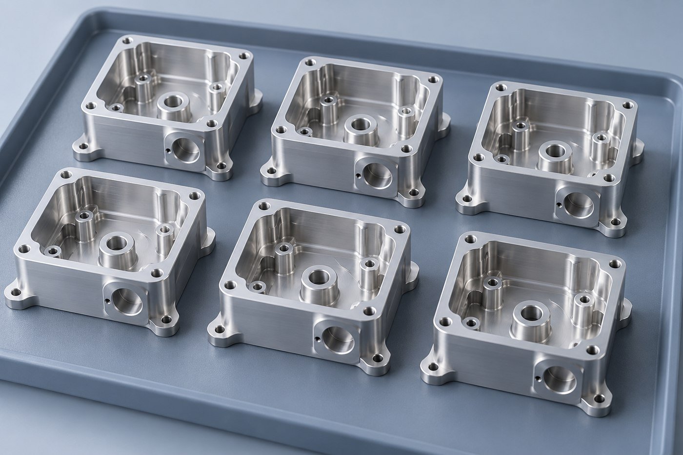 Concept six identical small aluminum housings neatly separated on a plain blue-gray tray, realistic small-batch concept