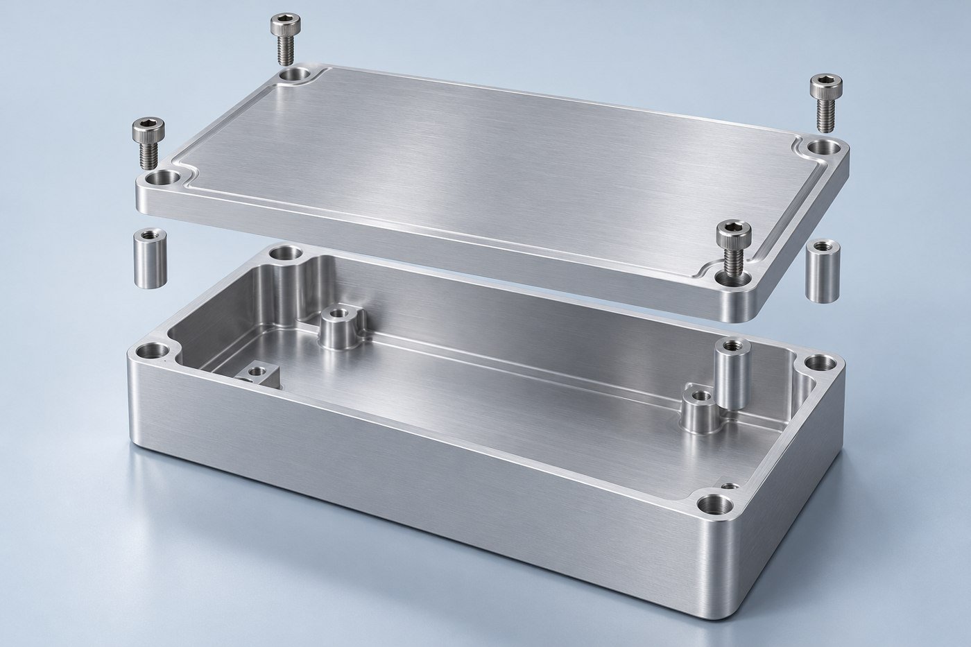 Concept exploded aluminum prototype enclosure with matching lid and four mounting standoffs