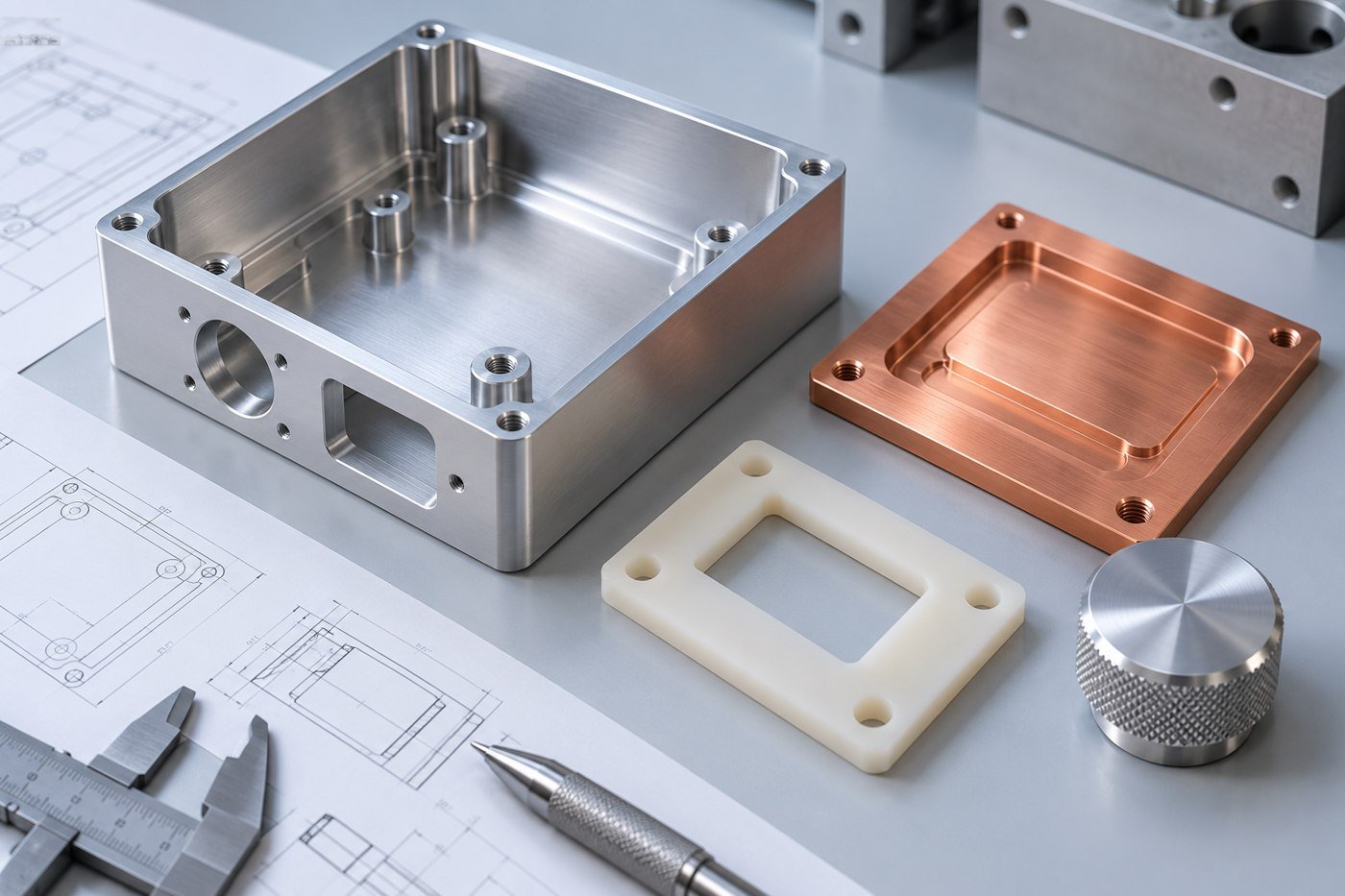 Concept product development desk scene featuring generic CNC aluminum enclosure, copper plate, polymer spacer and turned metal knob