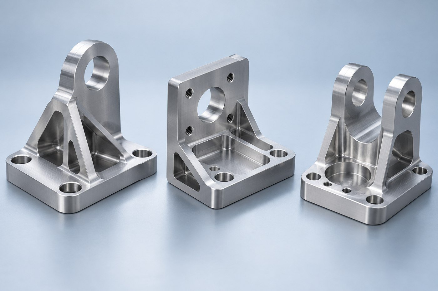 Concept three distinct CNC prototype brackets side by side, each with slightly different pocket and hole layout, plausible geometries