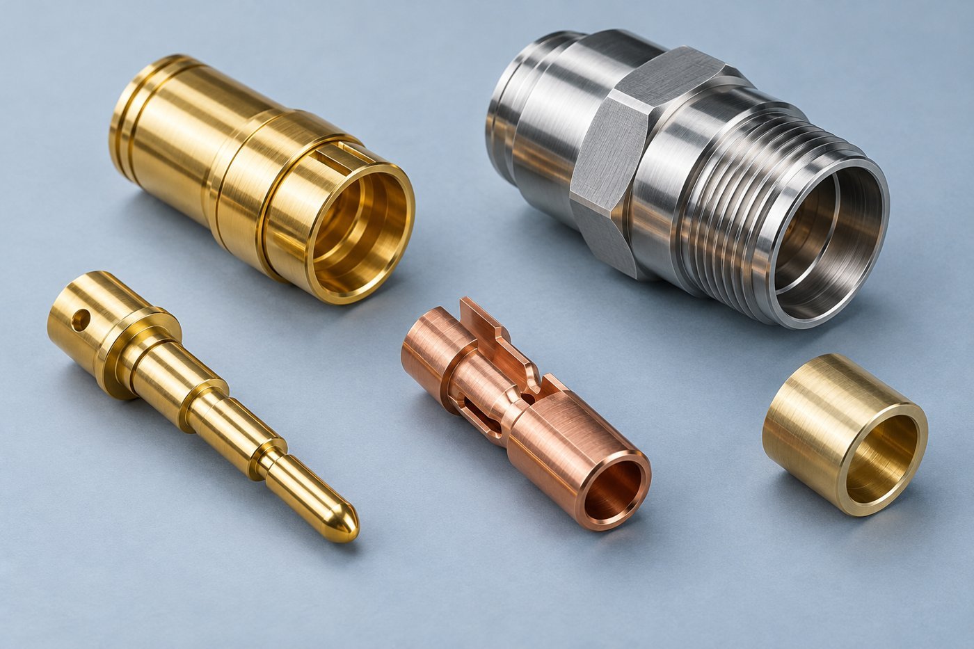 Illustration of a turned contact pin, receptacle shell, copper terminal, threaded housing and sleeve