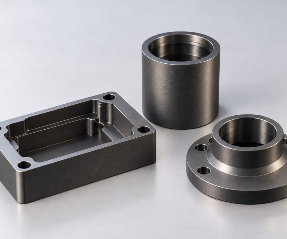 Type III Anodizing: Hardcoat Thickness, Tolerances & Design Guide 14 Illustrative dark hardcoat anodized aluminum housing, sleeve and flange on a light gray background