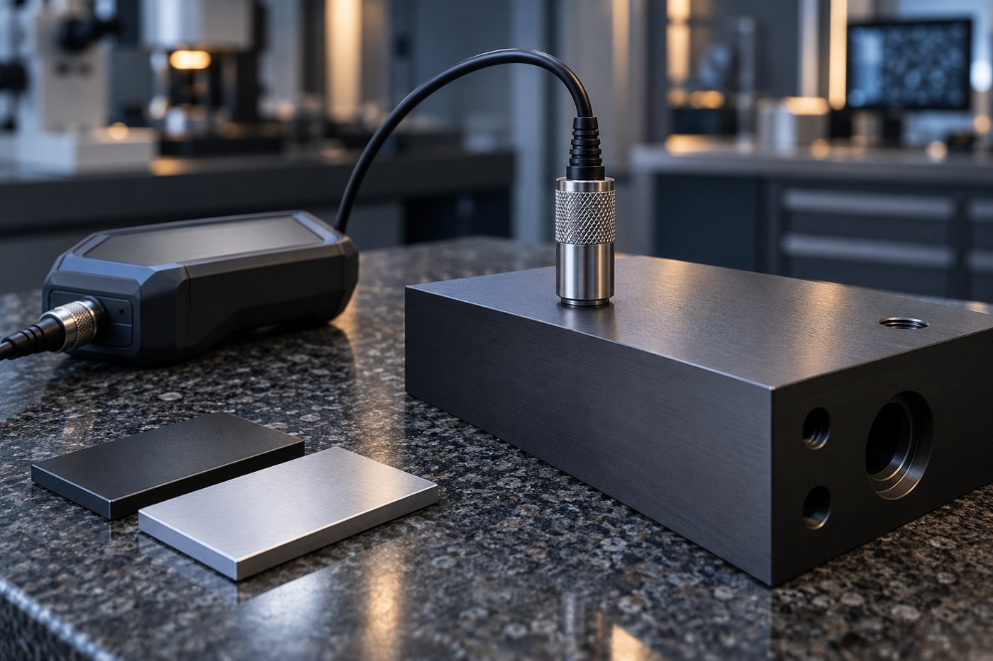 Concept coating-thickness probe on a dark anodized aluminum block