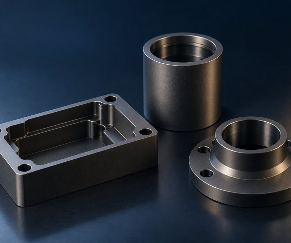 Type III Anodizing: Hardcoat Thickness, Tolerances & Design Guide 2 Concept illustration of charcoal hardcoat-finished aluminum sleeves and housings